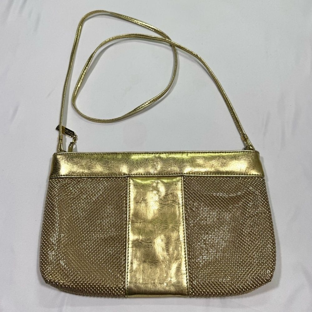 Whiting and Davis Crossbody Gold Metal Mesh Evening Bag - Picture 1 of 15